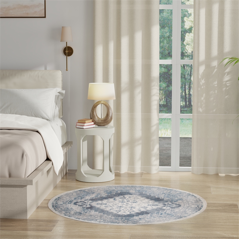 Nourison Astra Machine Washable 4' x Round Blue Ivory Fabric Area Rug