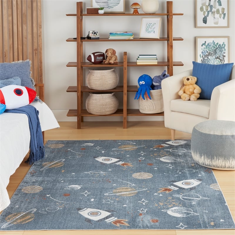 Nourison Astra Machine Washable 5' x 7' Blue Multi-Color Fabric Area Rug