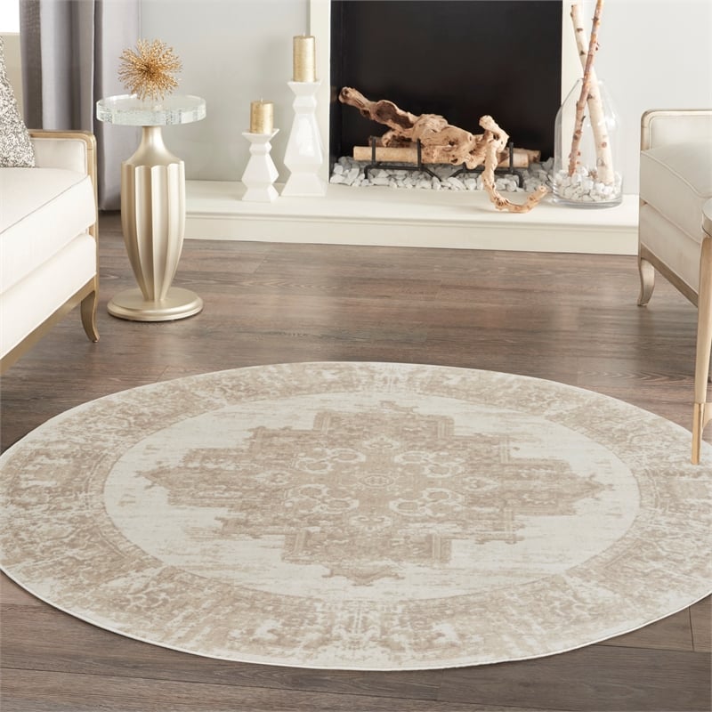 Nourison Grafix 8' x Round Ivory Beige Fabric Area Rug