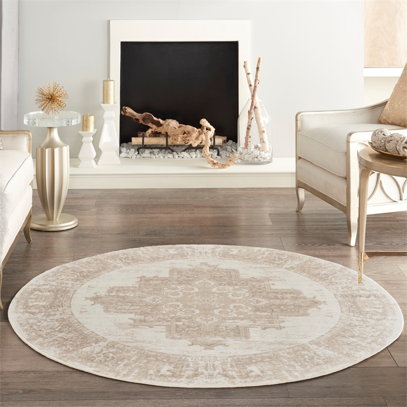 Nourison Grafix 8' x Round Ivory Beige Fabric Area Rug
