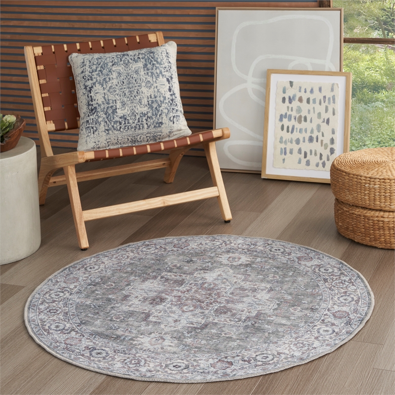 Nourison New Concept Washables 4' x Round Ivory Grey Vintage Indoor Rug