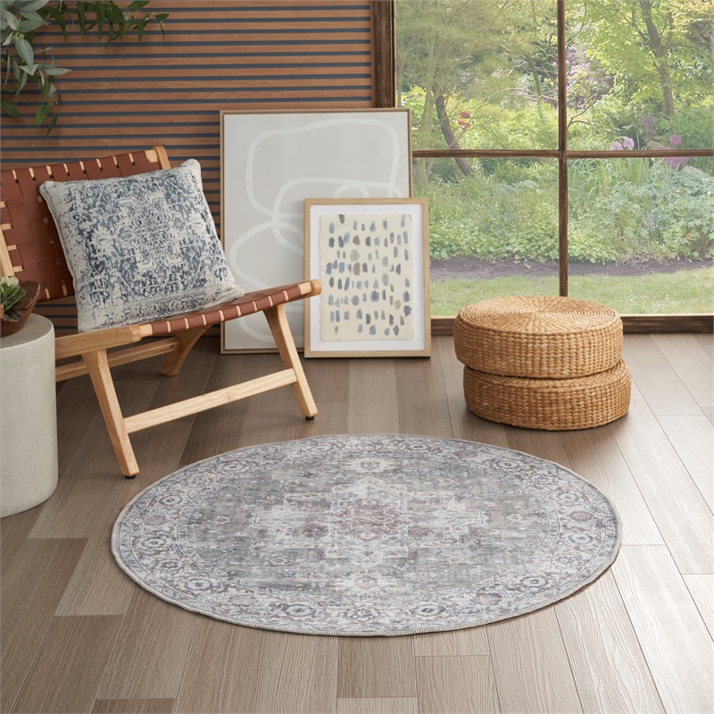Nourison New Concept Washables 4' x Round Ivory Grey Vintage Indoor Rug