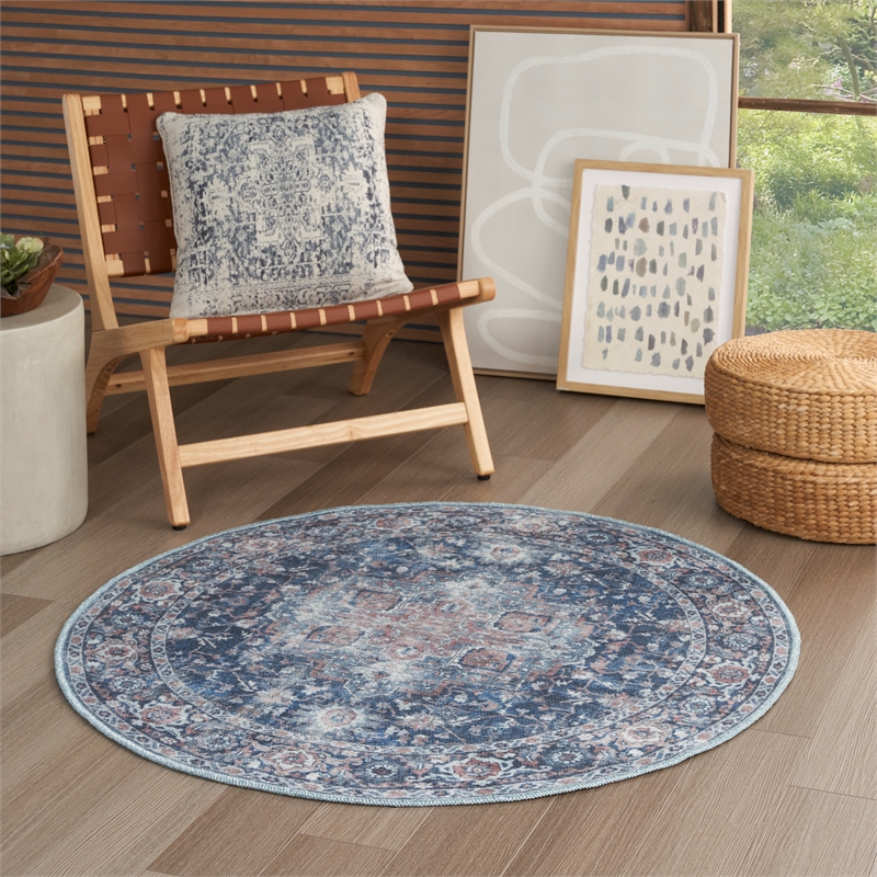 Nourison New Concept Washables 4' x Round Ivory Navy Vintage Indoor Rug
