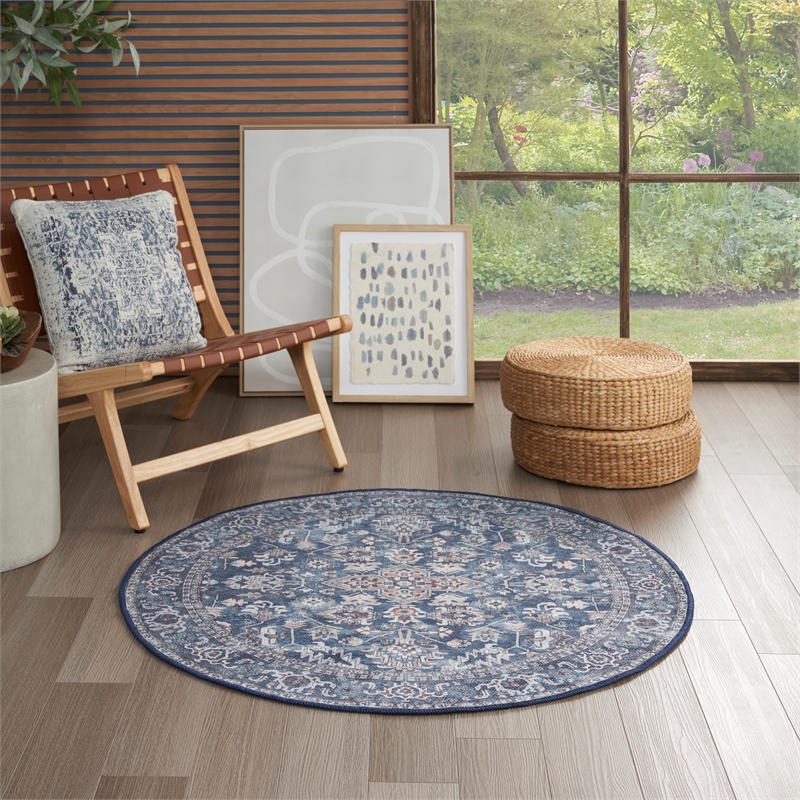 Nourison New Concept Washables 4' x Round Navy Ivory Vintage Indoor Rug