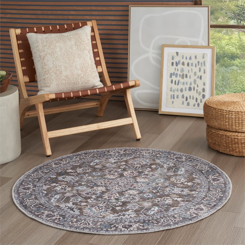 Nourison New Concept Washables 4' x Round Olive Ivory Vintage Indoor Rug
