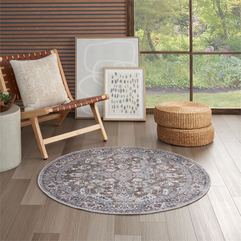Nourison New Concept Washables 4' x Round Olive Ivory Vintage Indoor Rug