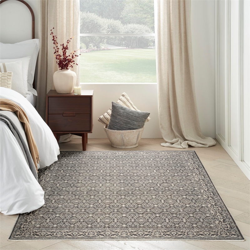 Nourison Home Outlines 10' Runner Polyester Charcaol Ivory Area Rug