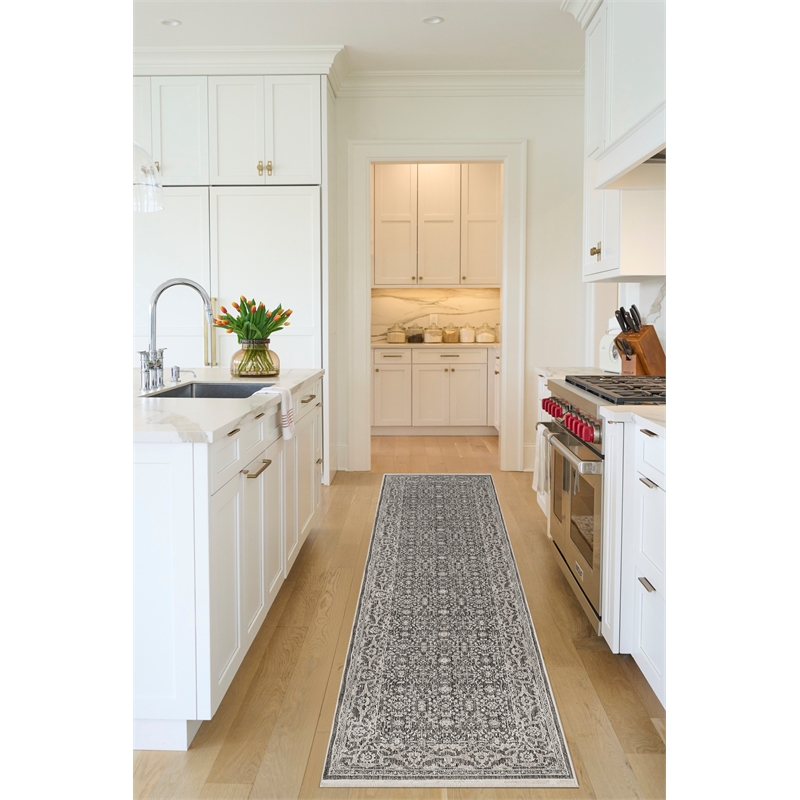 Nourison Home Outlines 12' Runner Polyester  Charcaol Ivory Area Rug