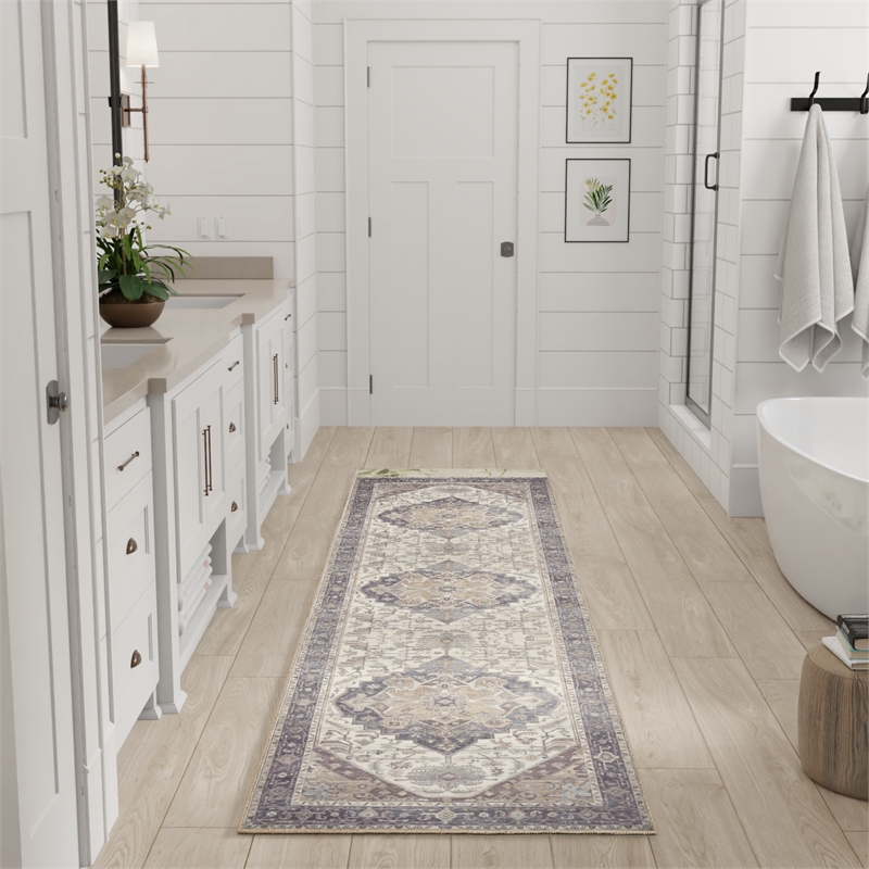 Nourison Home Vintage Washables 6' Runner Polyester Ivory Purple Area Rug