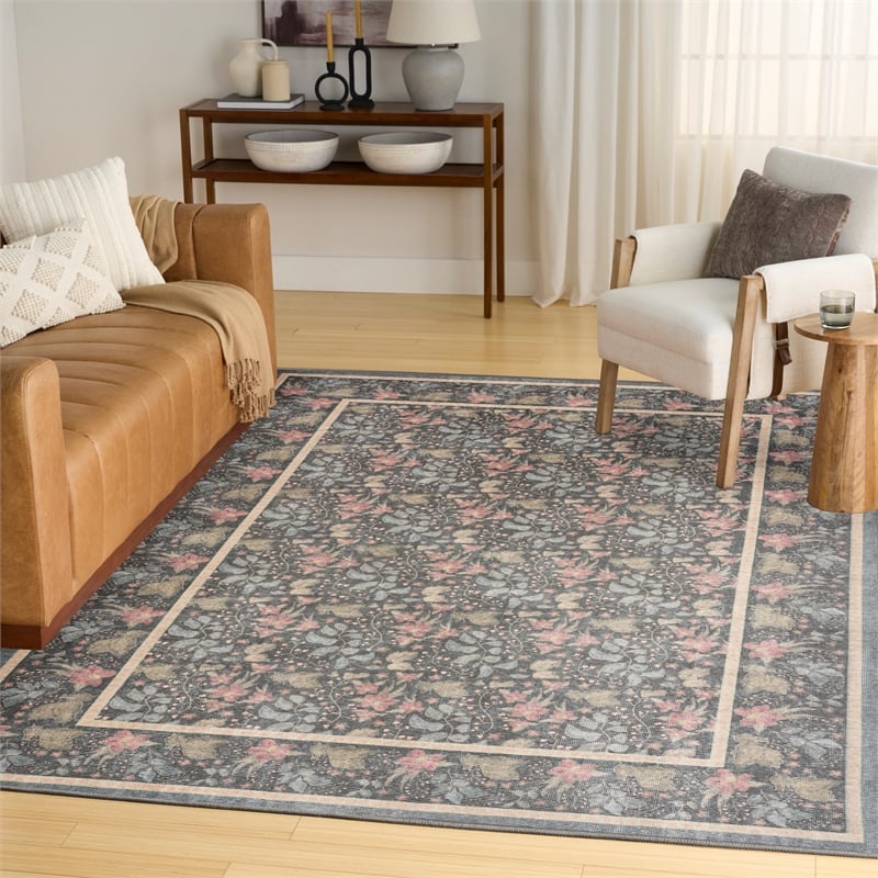 Nourison Botanical Washables 5' x 7' Charcoal Multicolor Farmhouse Indoor Rug