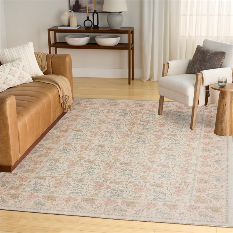 Nourison Botanical Washables 4' x 6' Beige Multicolor Farmhouse Indoor Rug