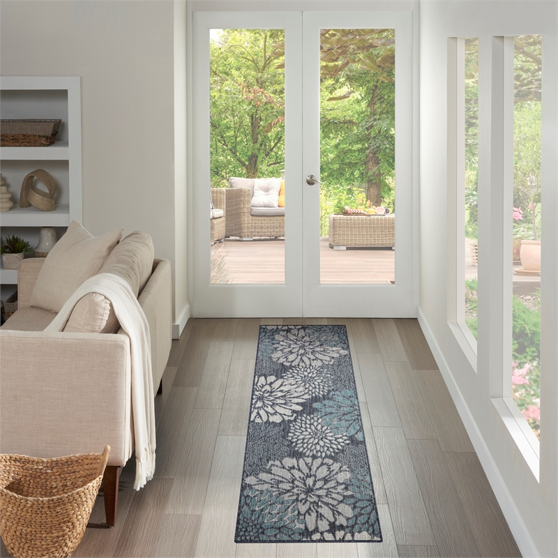 Nourison Garden Oasis 2' x 6' Navy Tropical Rug