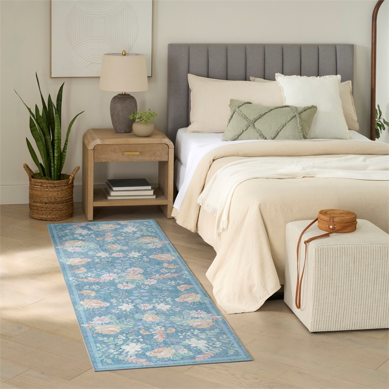 Nourison Botanical Washables 2' x 6' Blue Multicolor Farmhouse Indoor Rug