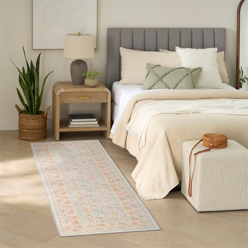 Nourison Botanical Washables 2' x 6' Beige Multicolor Farmhouse Indoor Rug