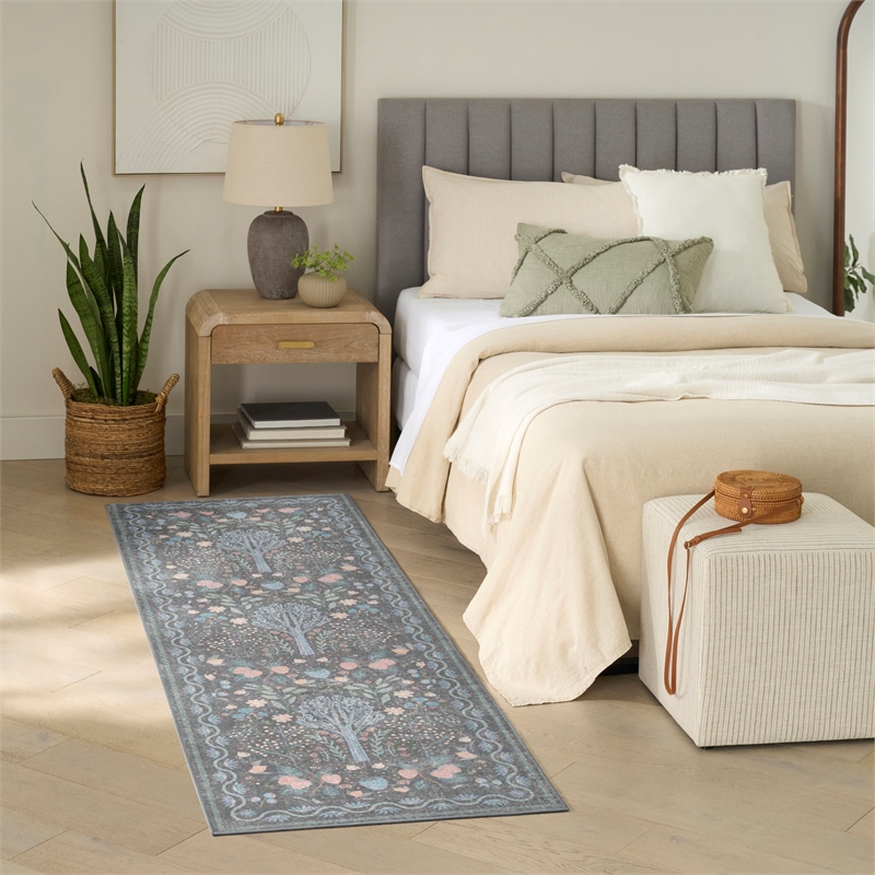 Nourison Botanical Washables 2' x 6' Charcoal Multicolor Modern Indoor Rug