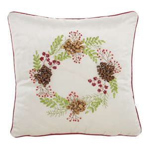mina victory velvet ribbon embroidered pinecones christmas throw pillow in beige