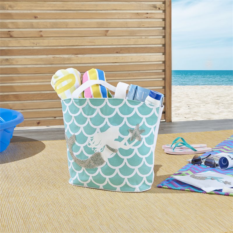 Mina Victory Handbags & Crossbody Cotton Mermaid Beach Tote Bag in Ocean Blue