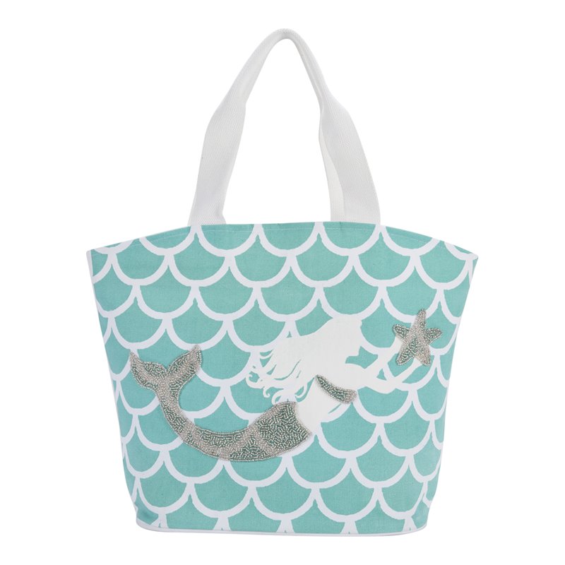 Mina Victory Handbags & Crossbody Cotton Mermaid Beach Tote Bag in Ocean Blue