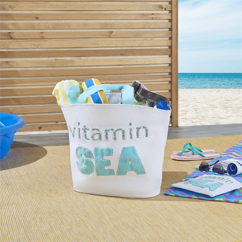 Mina Victory Handbags & Crossbody Cotton Vitamin Sea Beach Tote Bag in White
