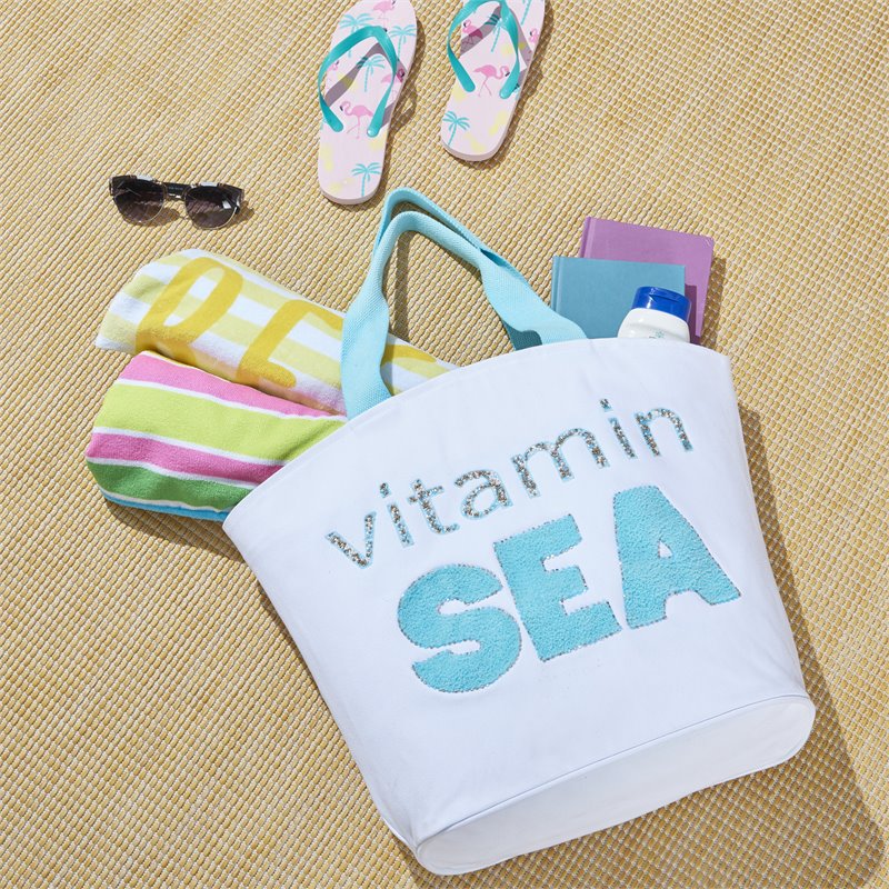 Mina Victory Handbags & Crossbody Cotton Vitamin Sea Beach Tote Bag in White