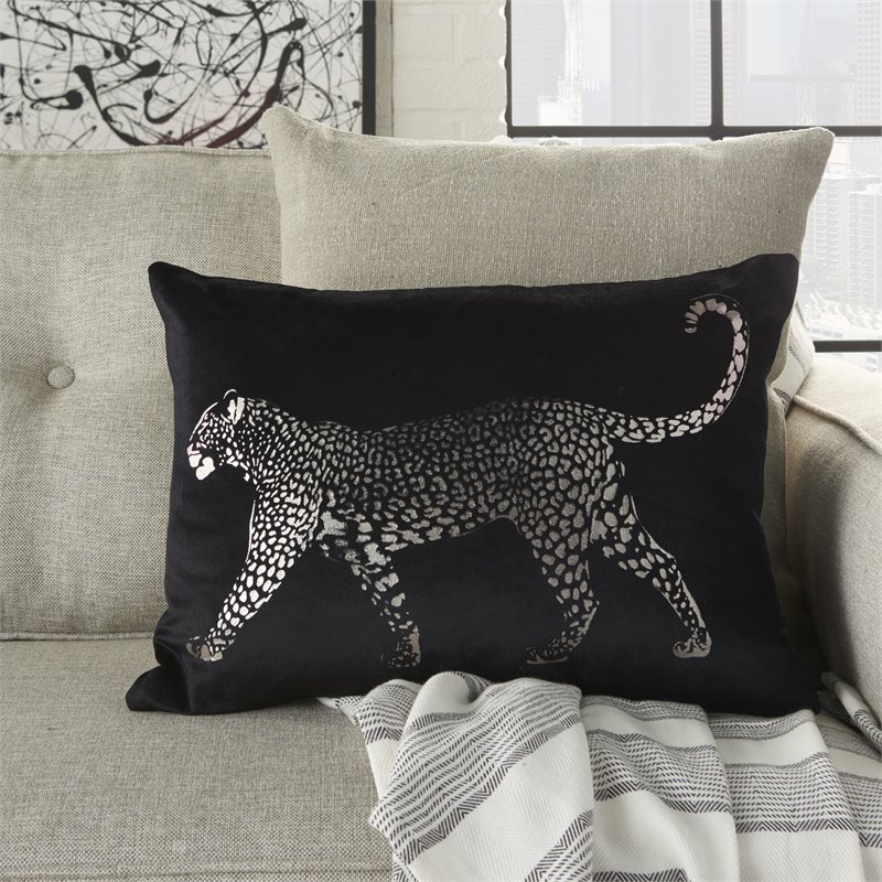Mina Victory Luminescence Cotton Metallic Leopard Throw Pillow in Black