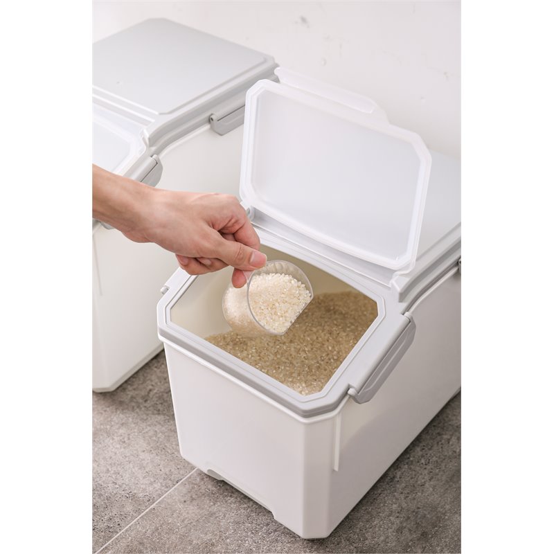 HANAMYA Rice Storage Container with Measuring Cup - 30 lb - White & Gray - 2 Piece