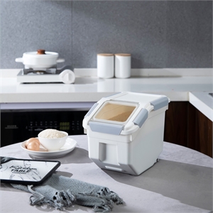 hanamya 15 lb rice storage plastic container in white and gray