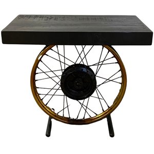 MGM Marketing Rustic Wheel Side Table - Black and Gold Metal and Mango Wood