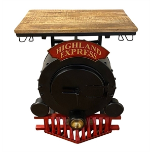 MGM Marketing Vintage Steam Engine Bar Counter - Red and Black Metal Mango Wood