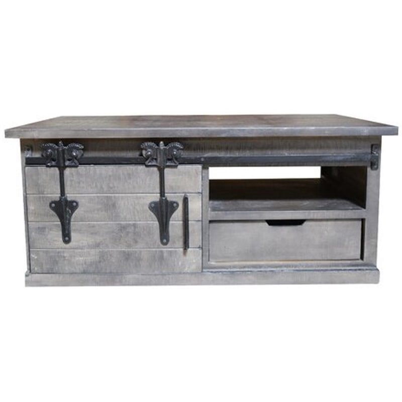 rustic gray wood rolling barn door coffee table