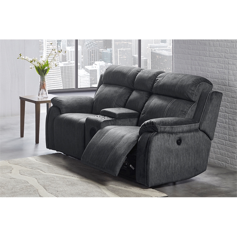 New Classic Furniture Tango Fabric Power Console Loveseat in Shadow Gray