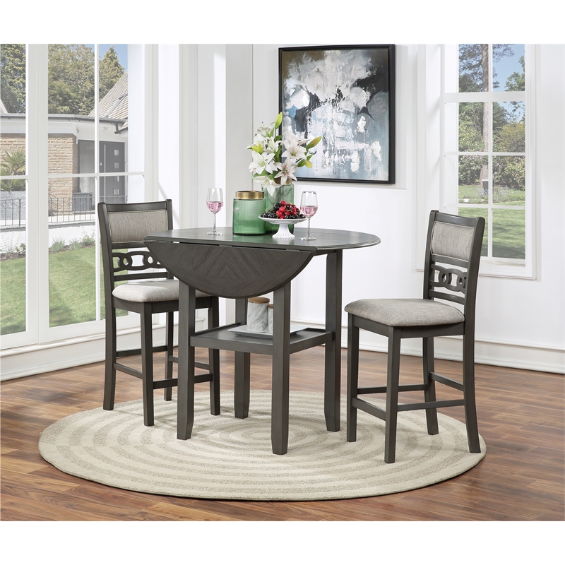 New Classic Furniture Gia Solid Wood Counter Drop Leaf Table W/2 Chairs in Gray