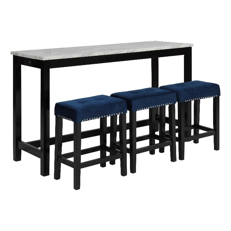 New Classic Furniture Celeste 4-Piece Faux Marble & Wood Bar Set in Blue
