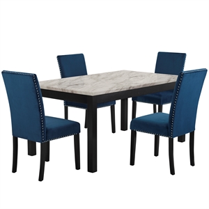 New Classic Furniture Celeste Faux Marble/Wood Dining Set w/ 4 Blue Chairs