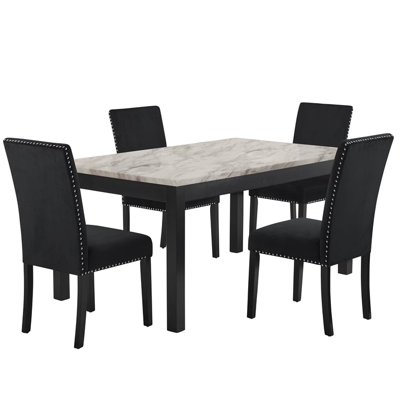 New Classic Furniture Celeste Faux Marble/Wood Dining Set w/ 4 Black Chairs