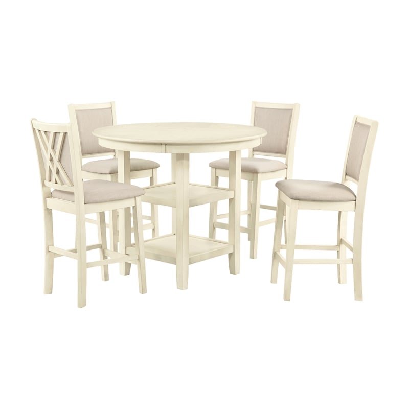 New Classic Furniture Amy 5PC Round Wood Counter Set w/ 4 Chairs in Bisque Beige