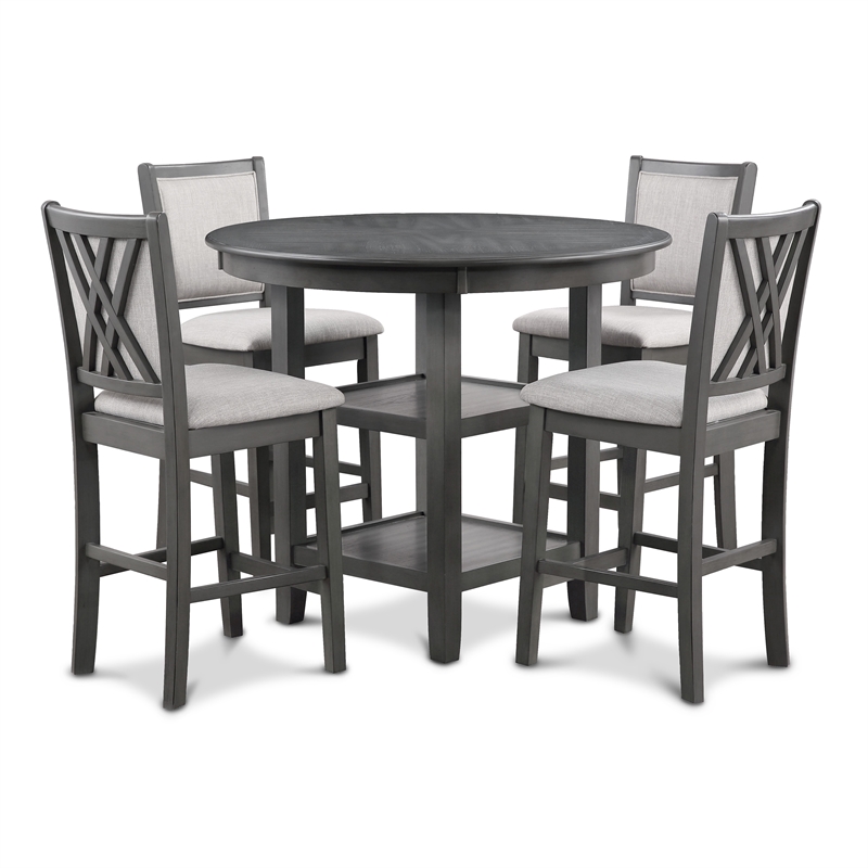 New Classic Furniture Amy 5-Piece Round Wood & Fabric Counter Set in Gray