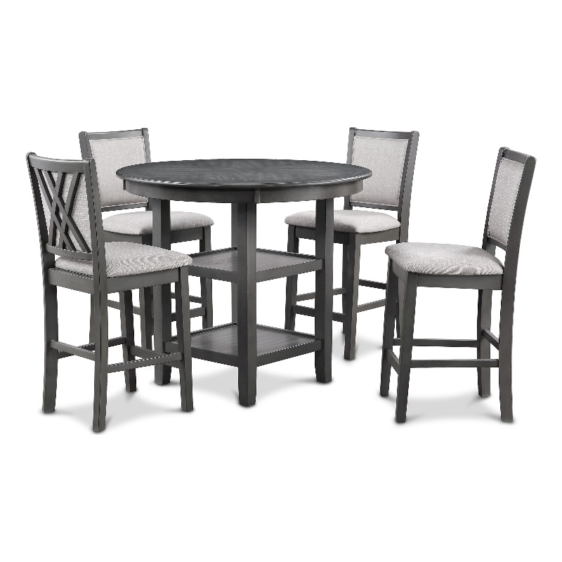 New Classic Furniture Amy 5-Piece Round Wood & Fabric Counter Set in Gray