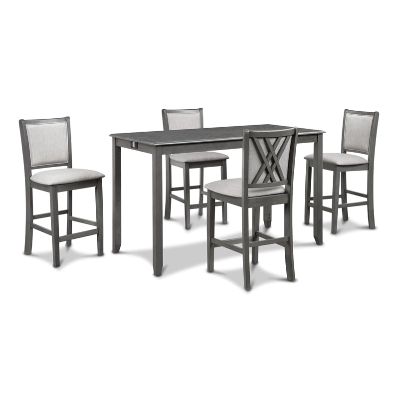 New Classic Furniture Amy 5-Piece Rectangle Wood & Fabric Counter Set in Gray