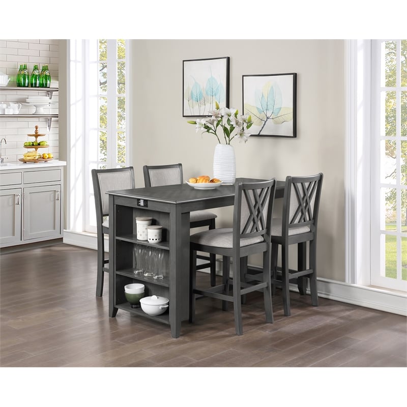 New Classic Furniture Amy 5-Piece Rectangle Wood & Fabric Counter Set in Gray