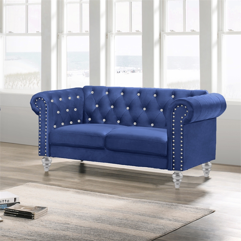 New Classic Furniture Emma Crystal Velvet Fabric Loveseat in Royal Blue