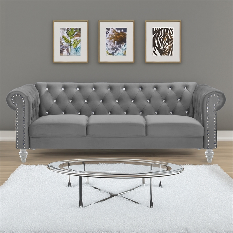 New Classic Furniture Emma Crystal Velvet Fabric Sofa in Gray