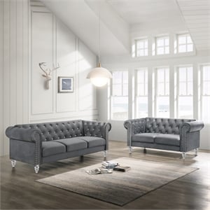new classic emma 2-piece crystal velvet fabric loveseat & sofa set in gray
