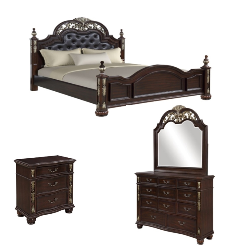 New Classic Maximus 4-PC Wood King Bedroom Set with Nightstand in Madeira Brown