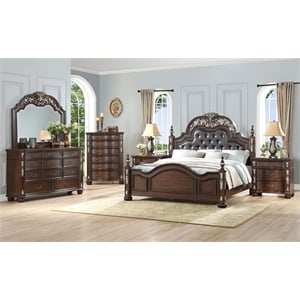 New Classic Maximus 4-PC Wood Queen Bedroom Set with Nightstand in Madeira Brown