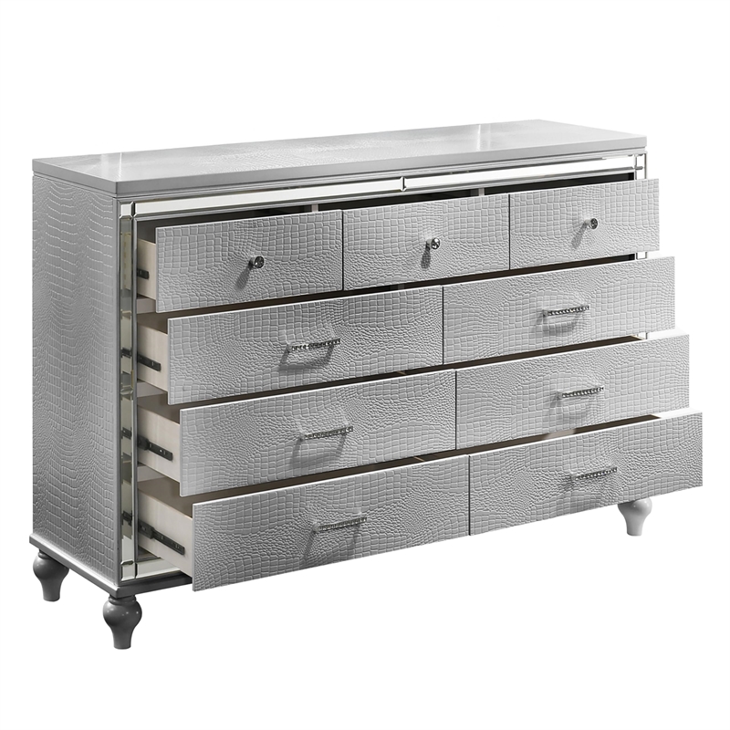 New Classic Furniture Valentine Solid Wood Dresser with 9 Drawers in Silver
