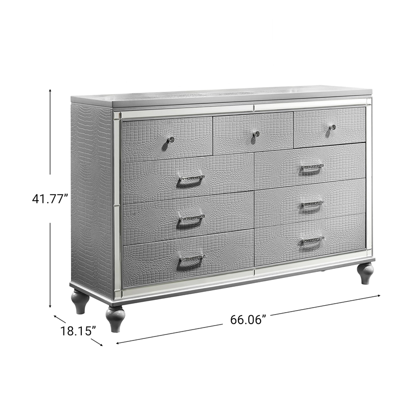 New Classic Furniture Valentine Solid Wood Dresser with 9 Drawers in Silver