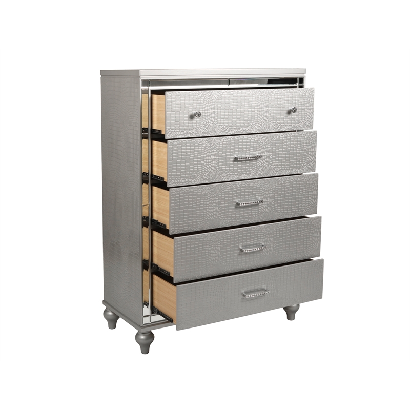 New Classic Furniture Valentine Wood Chest with 5 Drawers in Silver