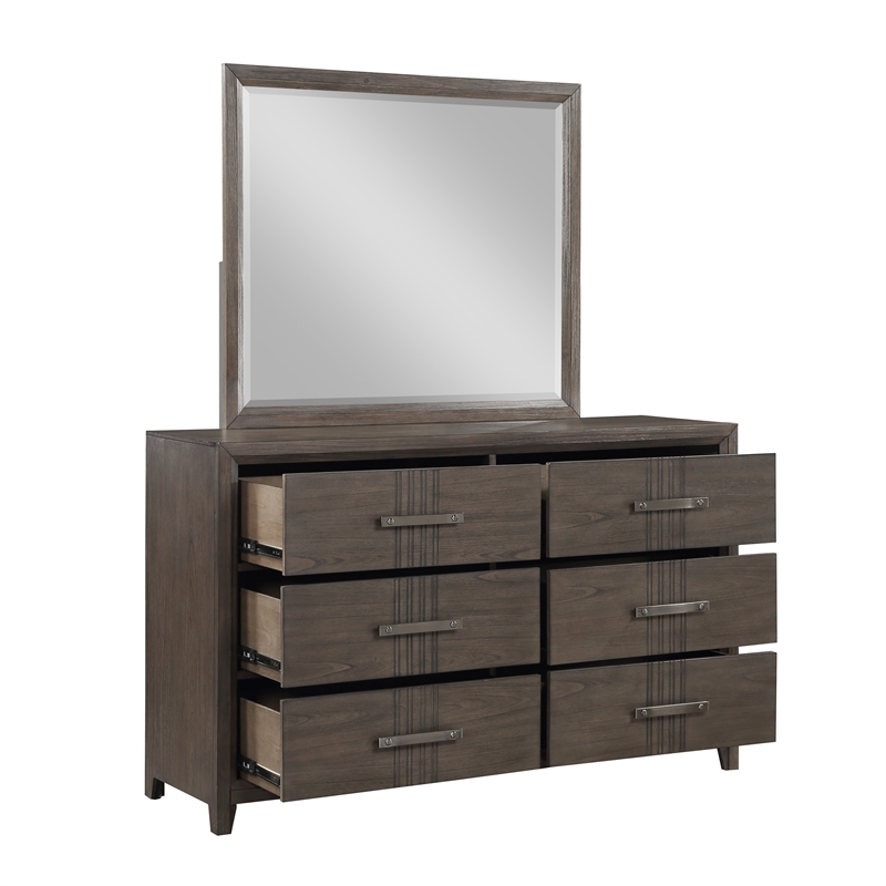 New Classic Furniture Landon Solid Wood Dresser with Mirror Set in Walnut