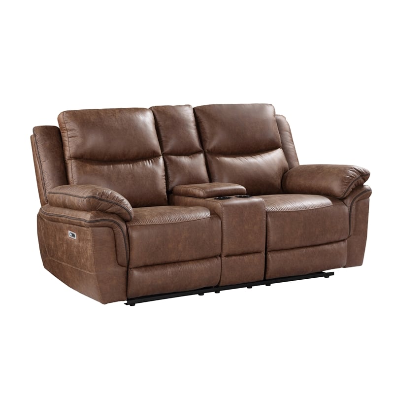 New Classic Furniture Ryland Polyester Fabric Power Console Loveseat in Brown